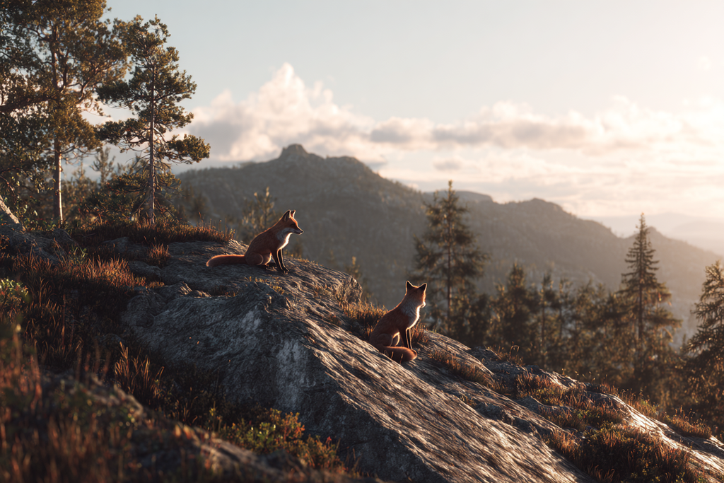 Zwei Auf Felsvorsprung Fernansicht Montagenlandschaft Bei Sonnenuntergang | Fuechse | Tiere