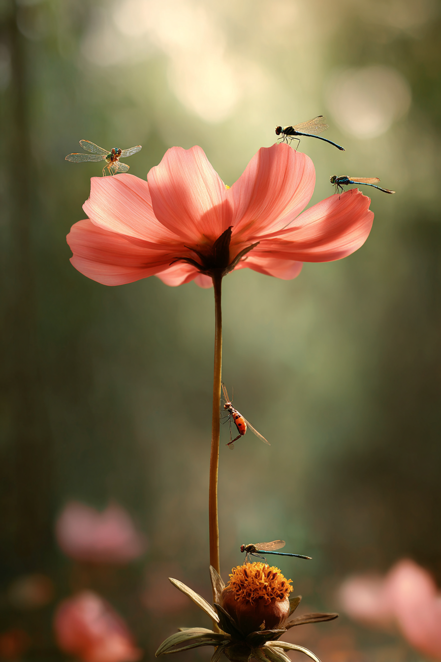 Beleuchtete Rosa Blume Mit Insekten | Insekten und Amphibien | Tiere