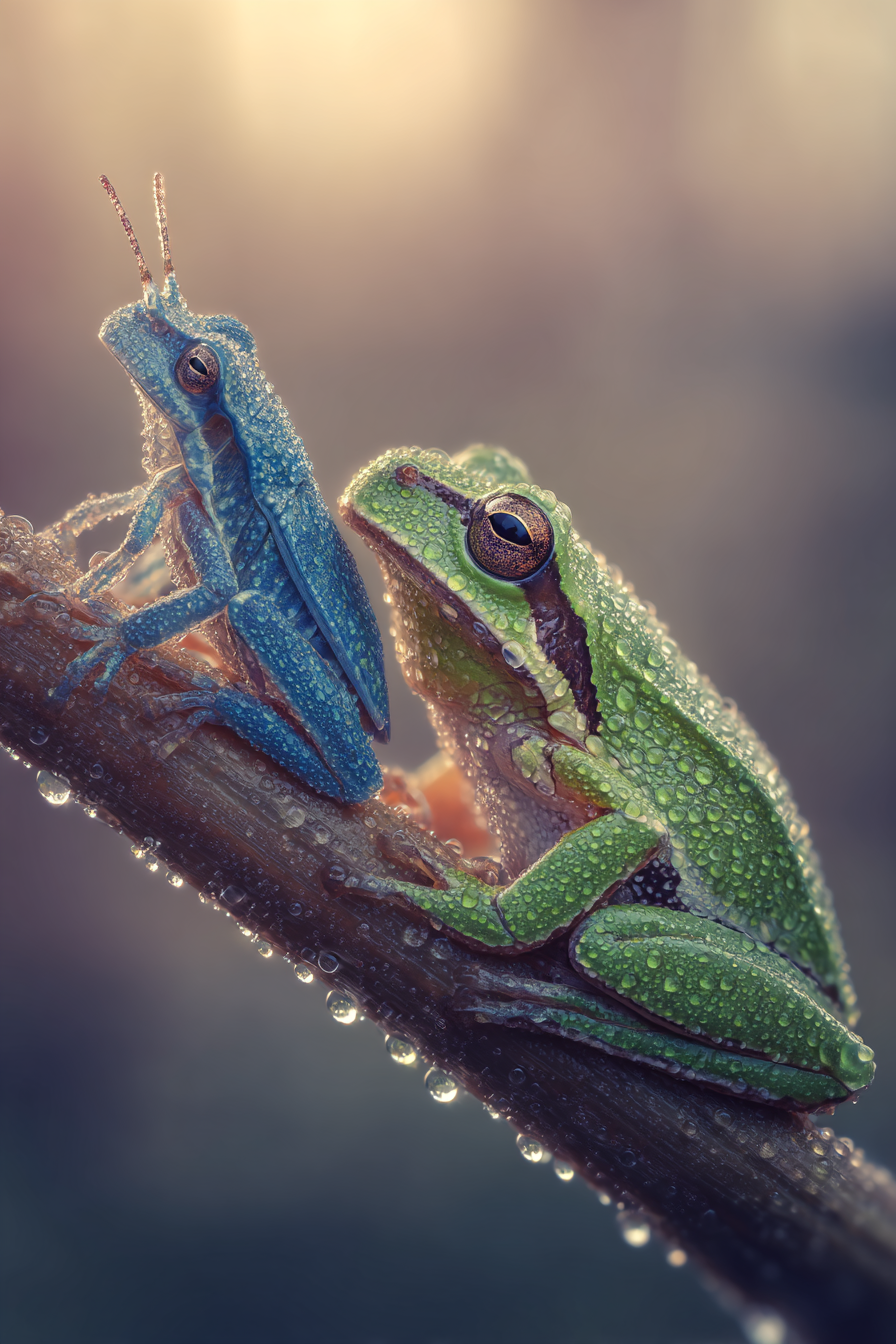 Blaü Und Grüne Frösche Auf Feuchtem Ast | Insekten und Amphibien | Tiere