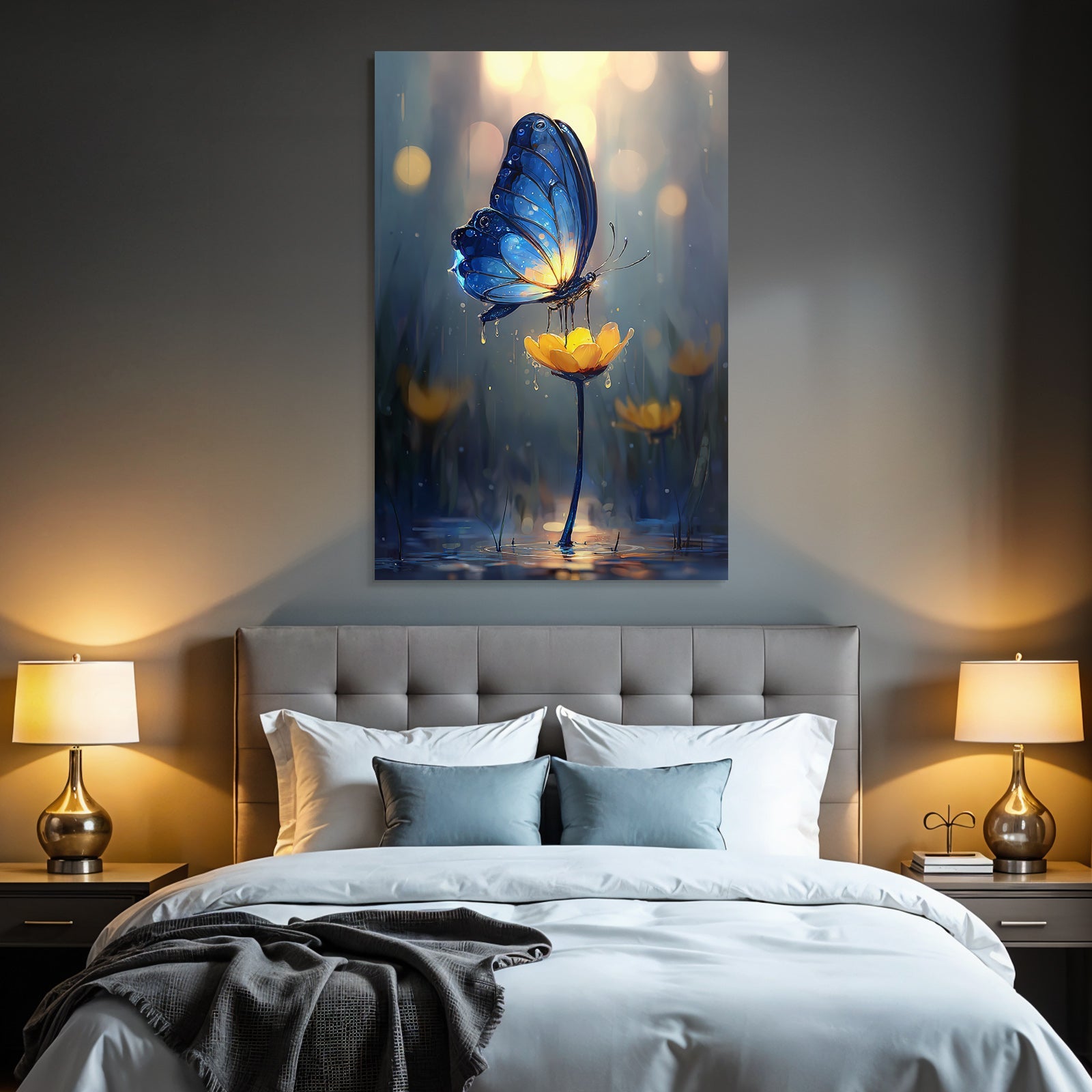 Blaür Schmetterling Auf Gelber Blume In Verträumter Atmosphäre