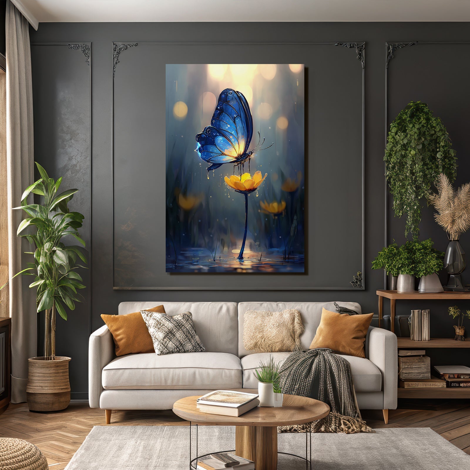 Blaür Schmetterling Auf Gelber Blume In Verträumter Atmosphäre