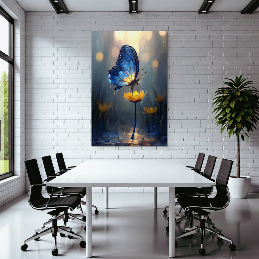 Blue butterfly on yellow flower in dreamy atmosphere