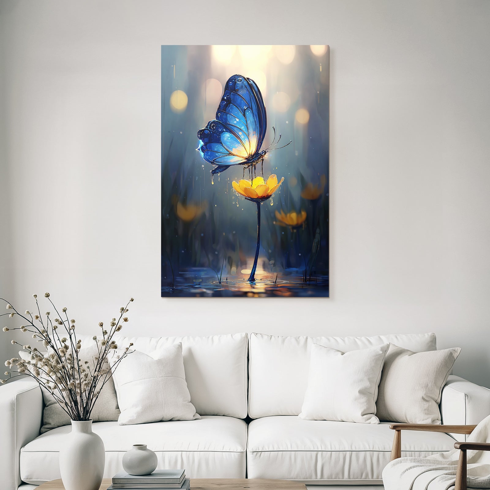 Blaür Schmetterling Auf Gelber Blume In Verträumter Atmosphäre