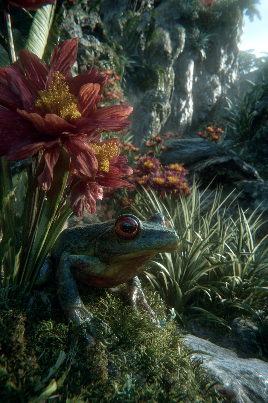 Der Frosch Umgeben Von Blumen Und Grünem Pflanzenparadies | Insekten und Amphibien | Tiere