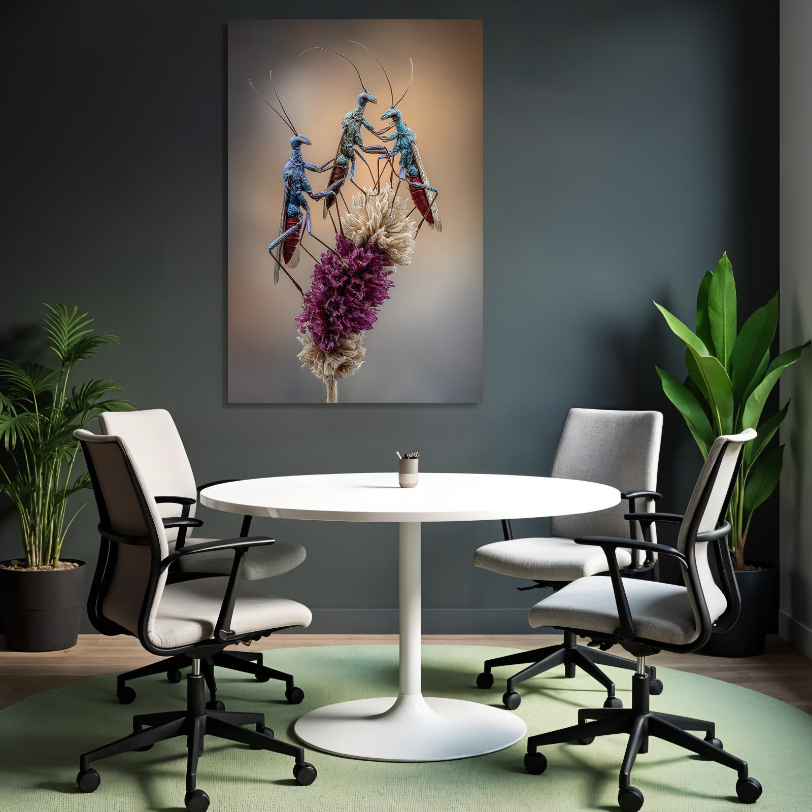 Drei Farbenfrohe Insekten Auf Blumenarrangement
