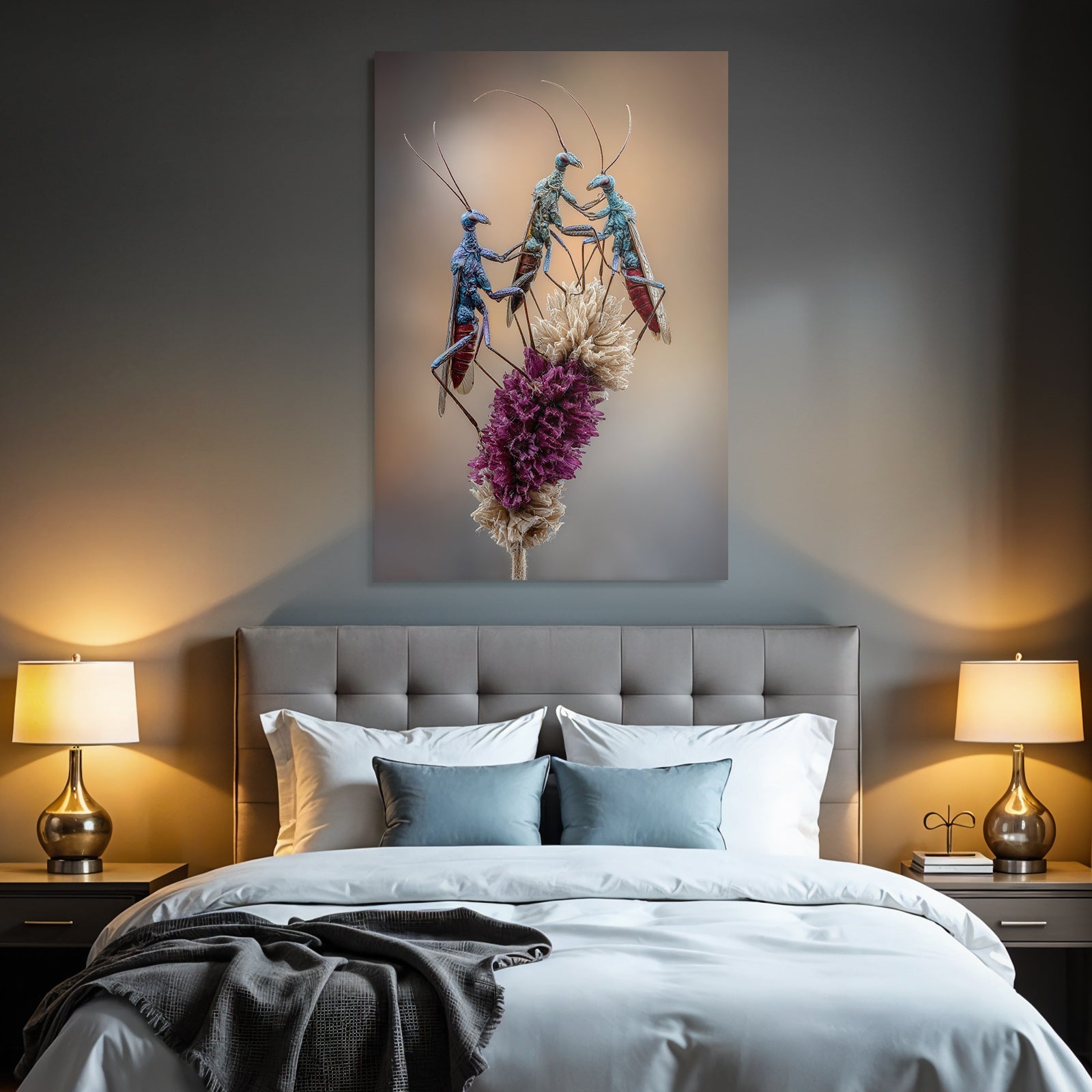 Drei Farbenfrohe Insekten Auf Blumenarrangement