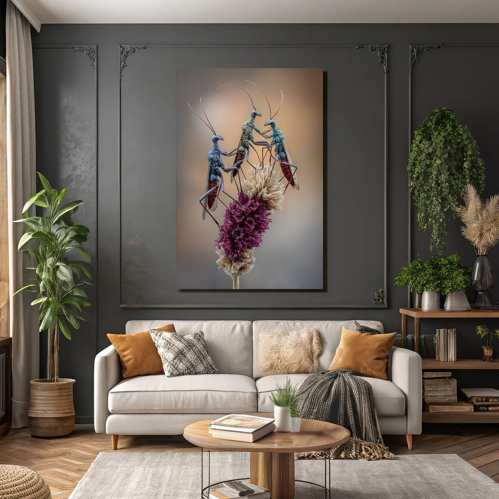 Drei Farbenfrohe Insekten Auf Blumenarrangement