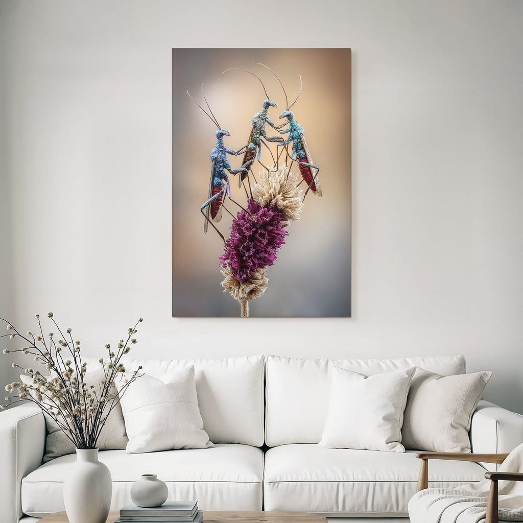 Drei Farbenfrohe Insekten Auf Blumenarrangement