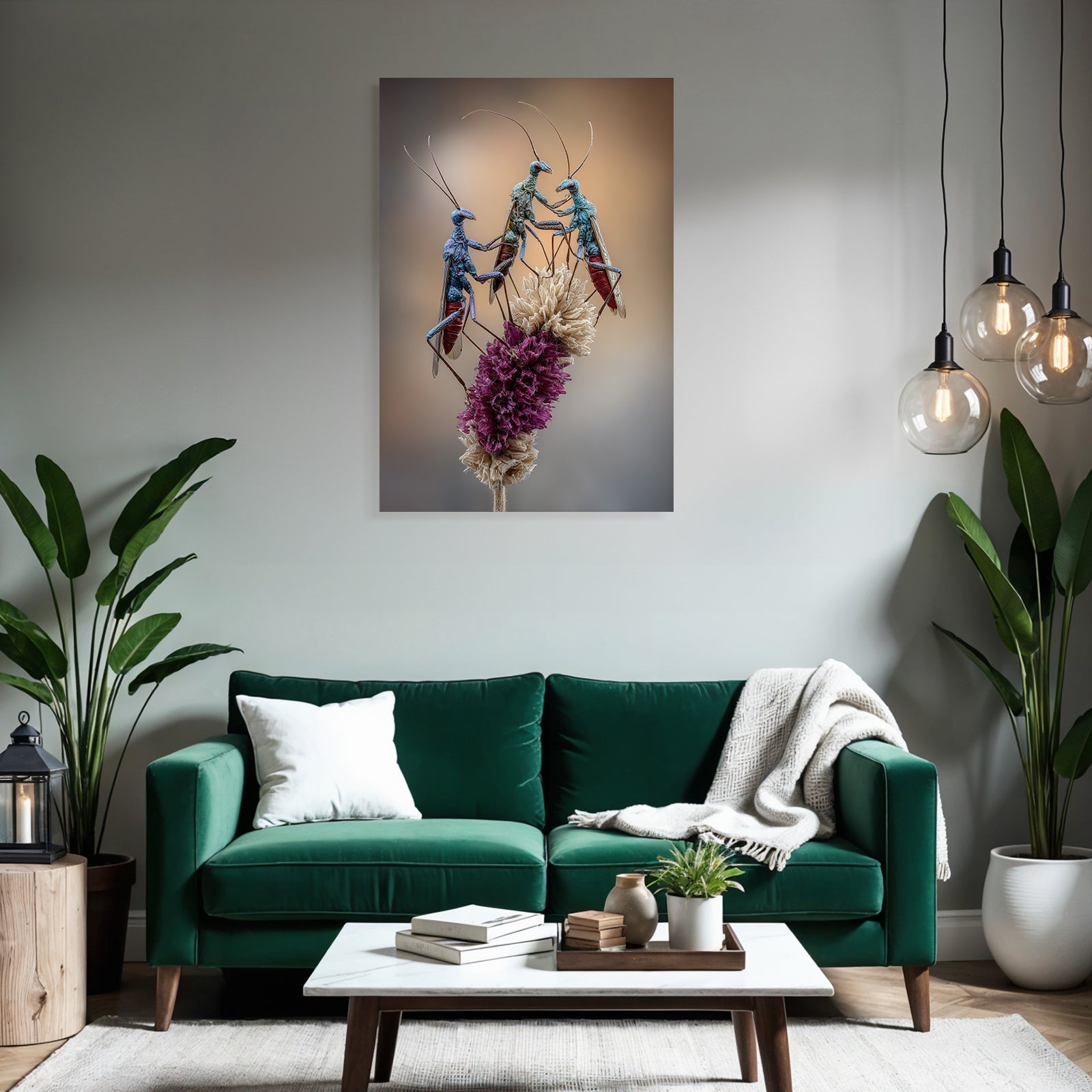 Drei Farbenfrohe Insekten Auf Blumenarrangement