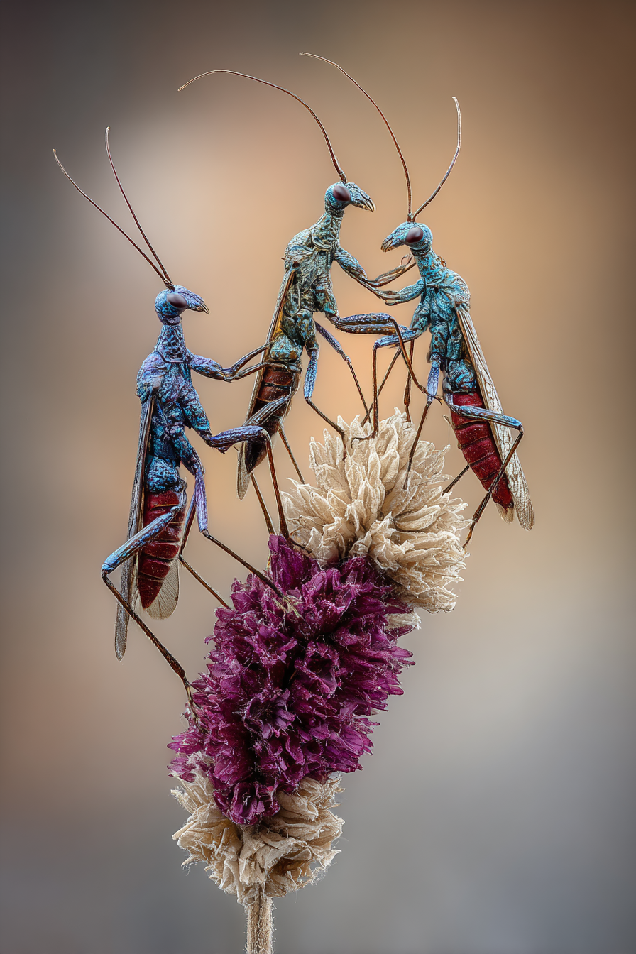 Drei Farbenfrohe Insekten Auf Blumenarrangement | Insekten und Amphibien | Tiere
