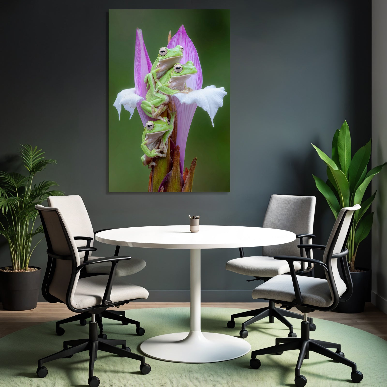Drei Grüne Frösche Auf Bunter Blume