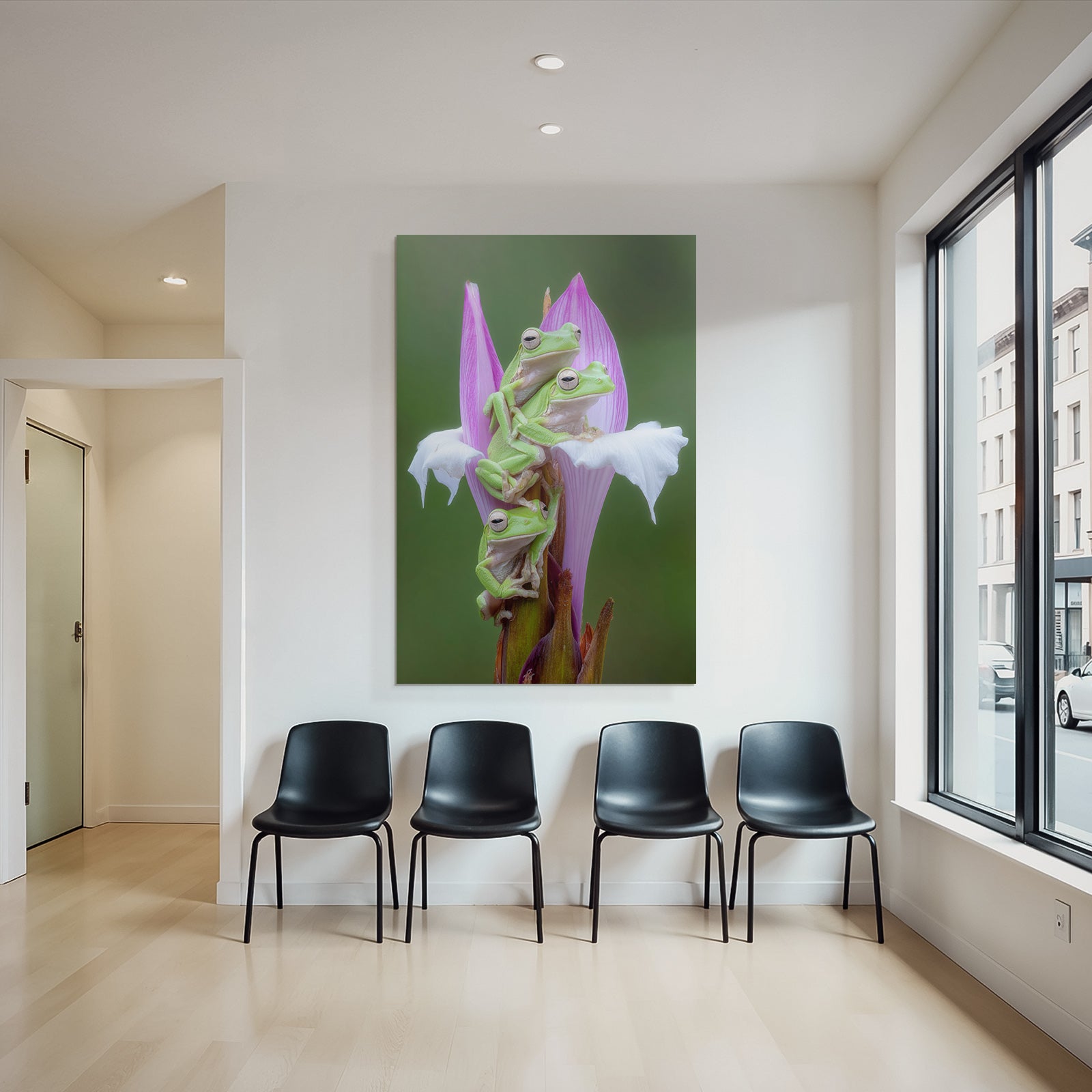 Drei Grüne Frösche Auf Bunter Blume