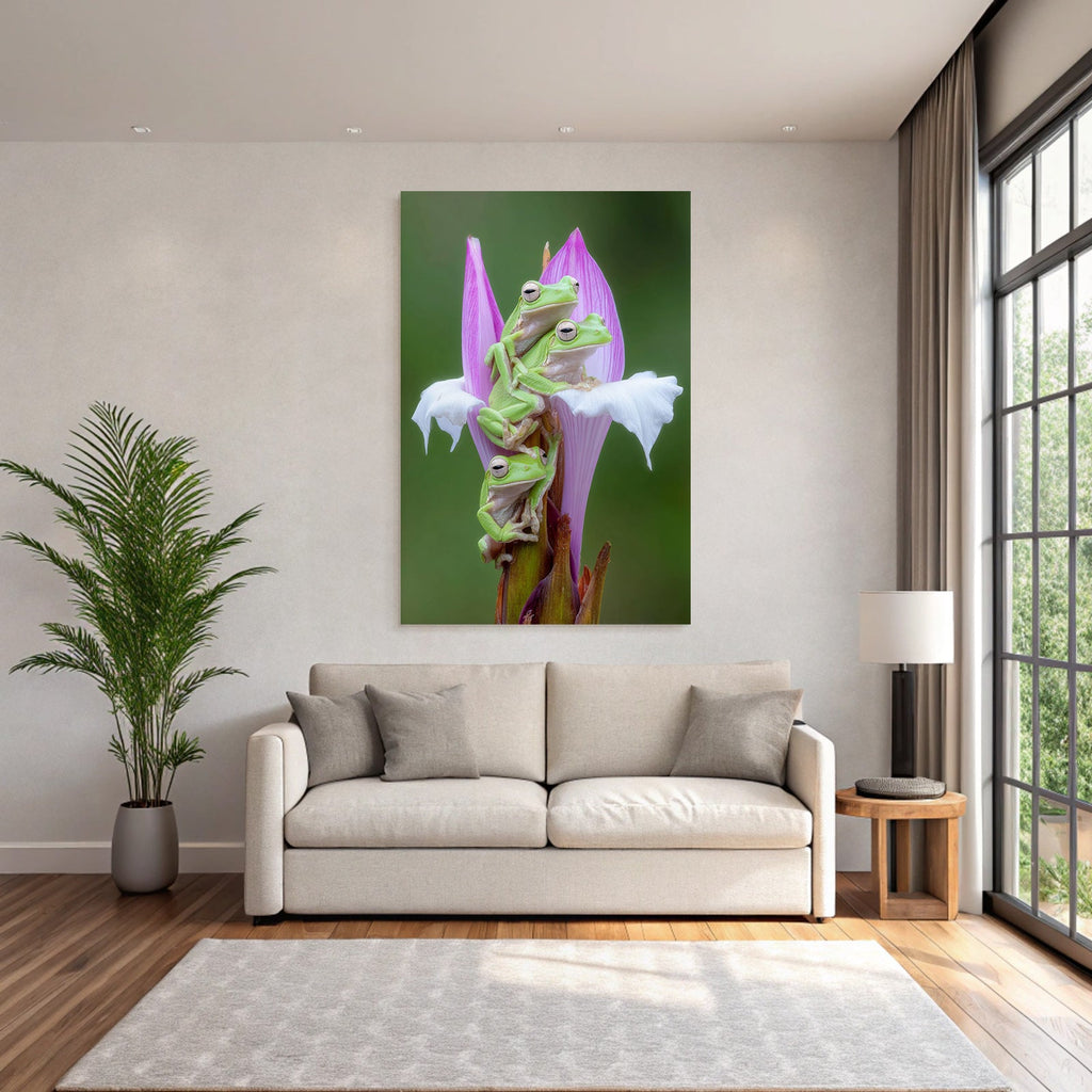 Drei Grüne Frösche Auf Bunter Blume