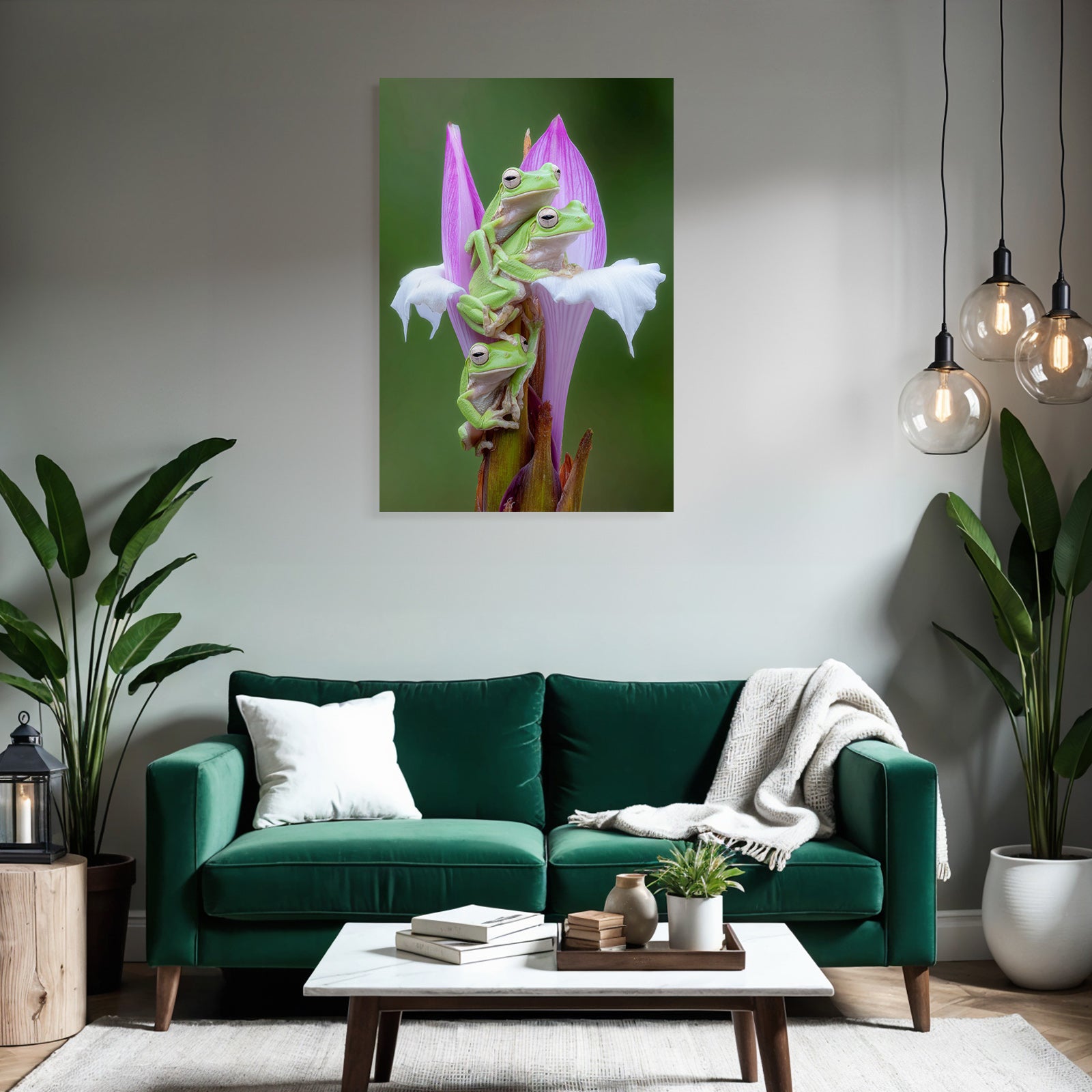 Drei Grüne Frösche Auf Bunter Blume