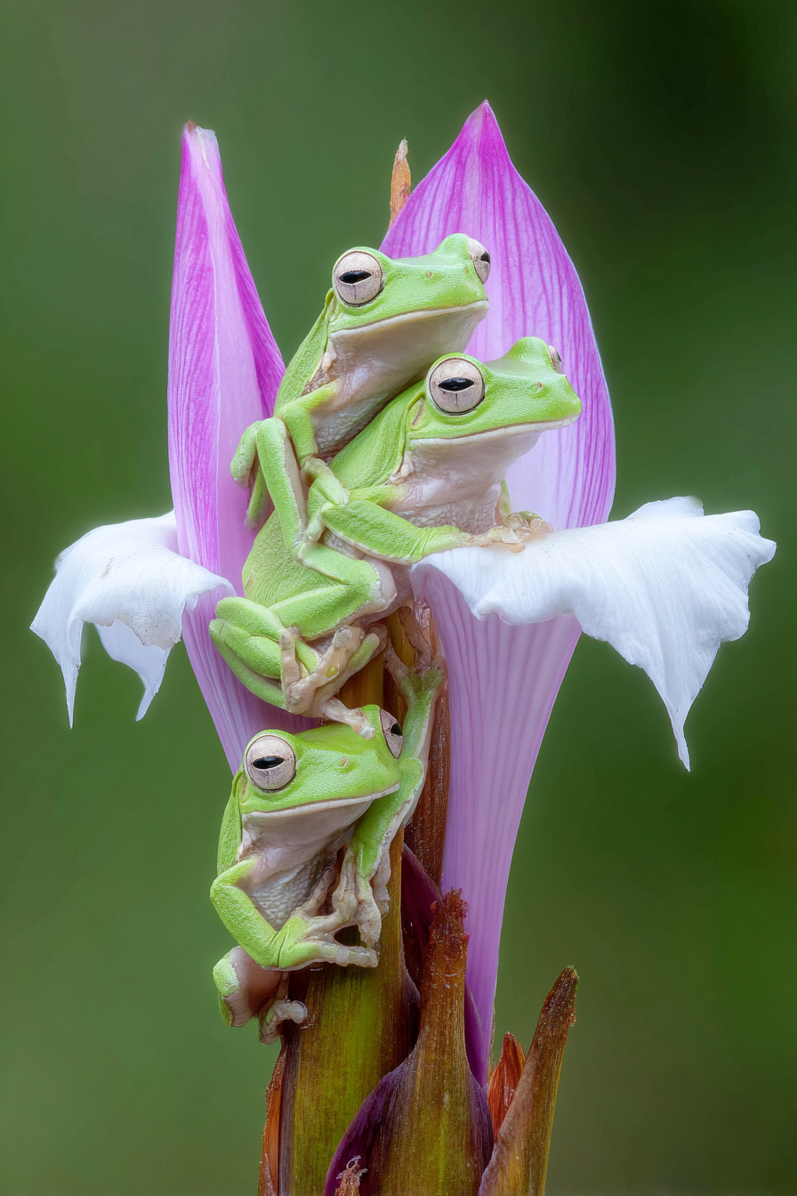 Drei Grüne Frösche Auf Bunter Blume | Insekten und Amphibien | Tiere