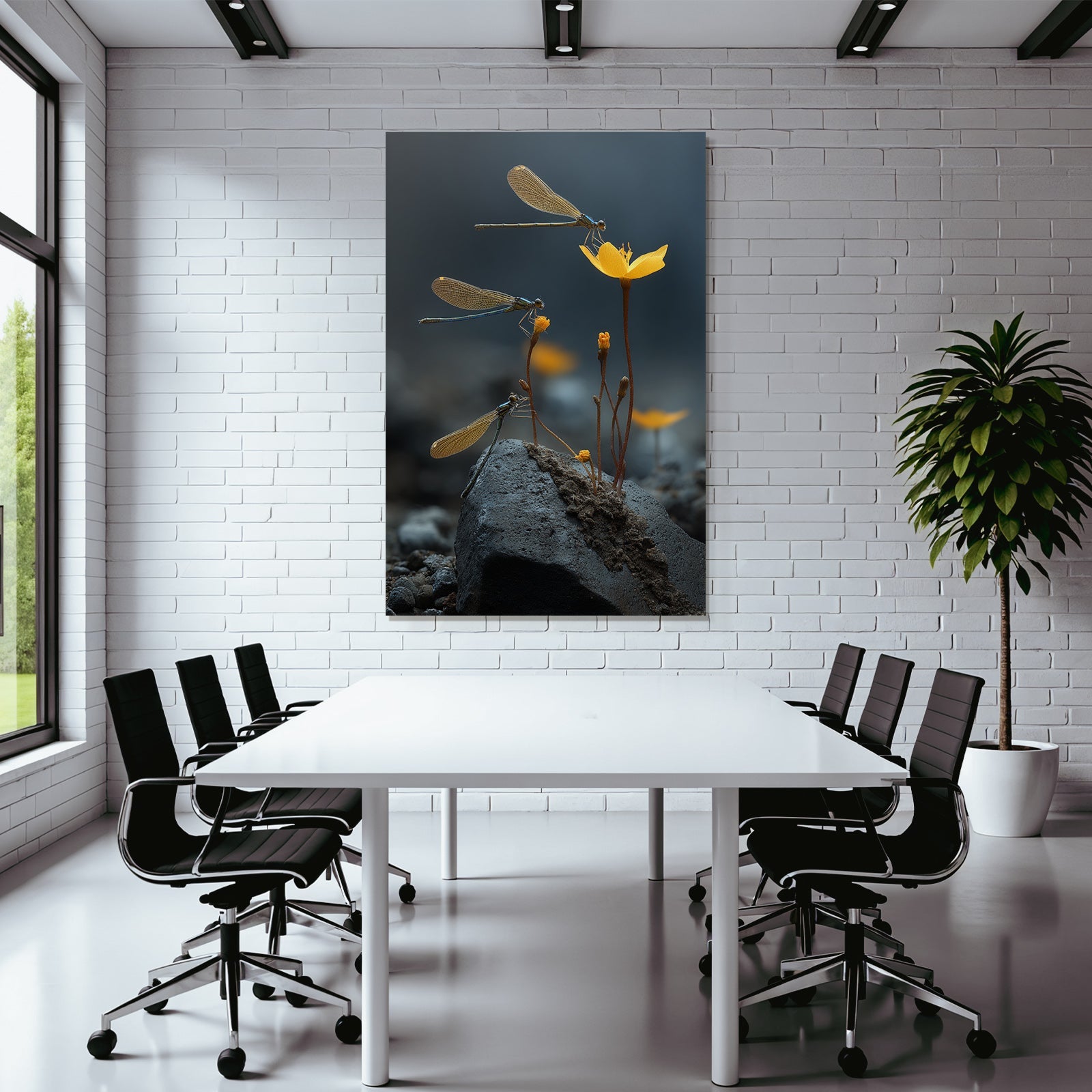 Drei Libellen Auf Gelben Blumen Am Felsen