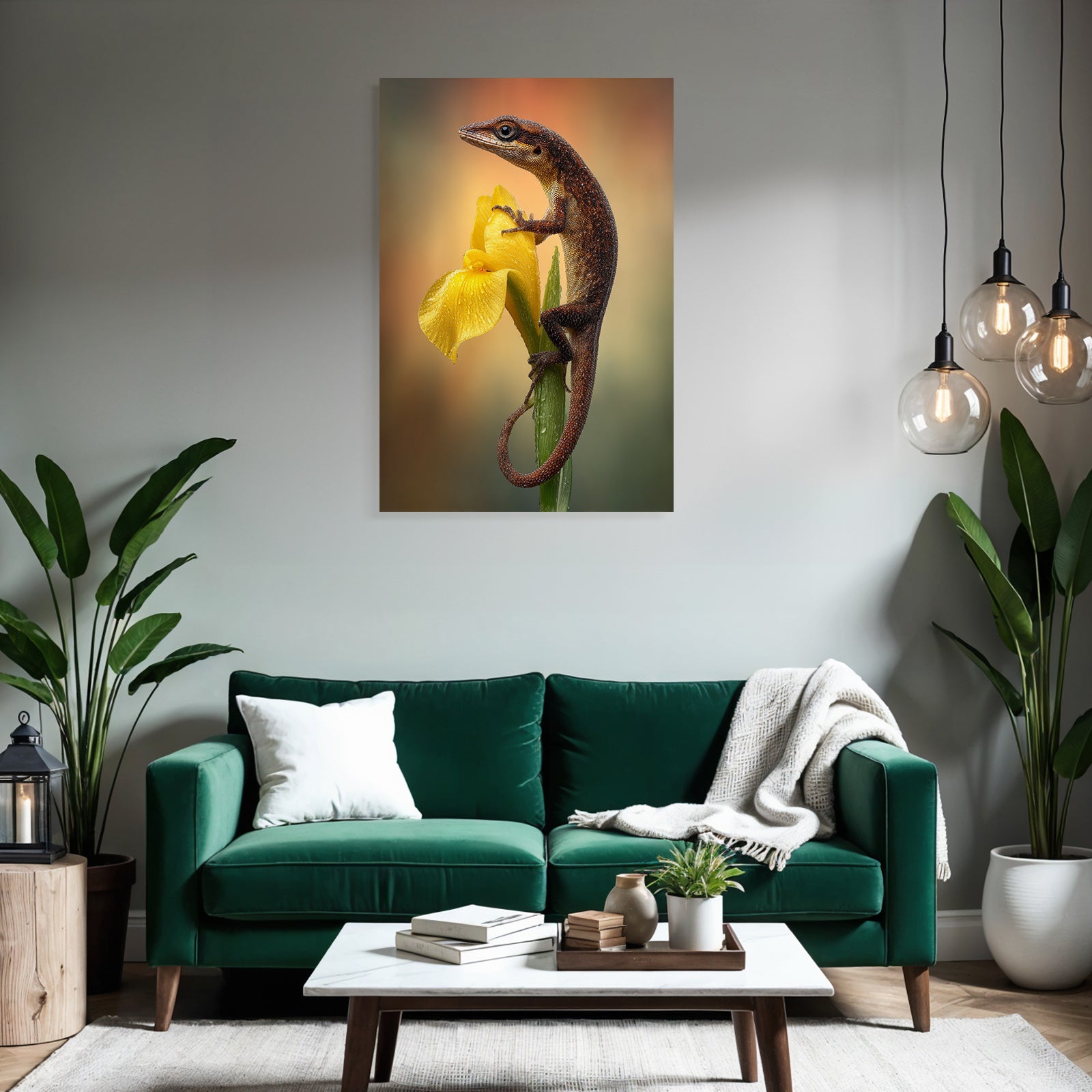 Eidechse Auf Gelber Blume Mit Wassertropfen