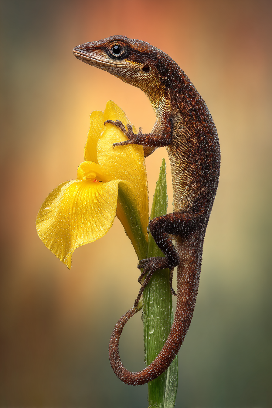 Eidechse Auf Gelber Blume Mit Wassertropfen | Insekten und Amphibien | Tiere
