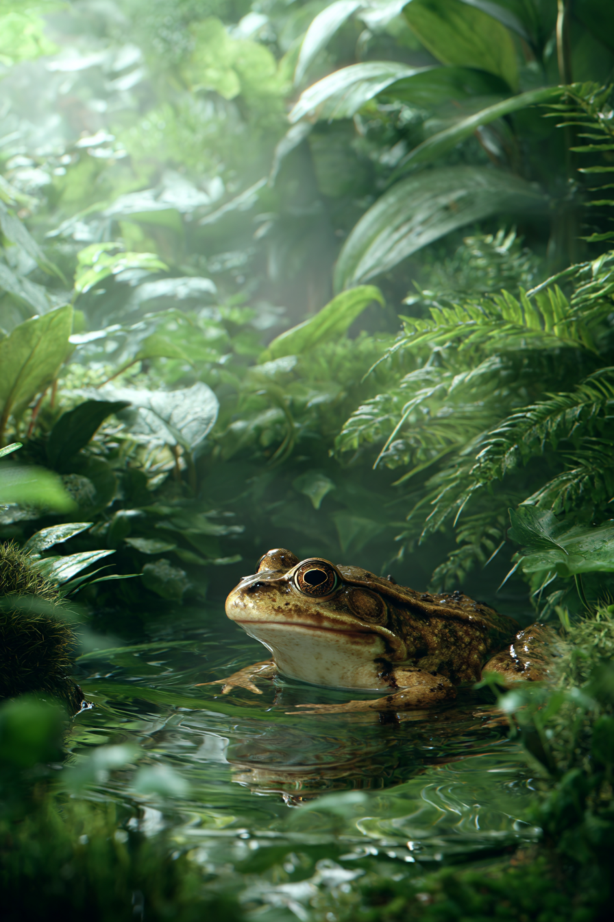 Frosch In Einer Ruhigen Grünen Umgebung Mit Wasserreflexion | Insekten und Amphibien | Tiere