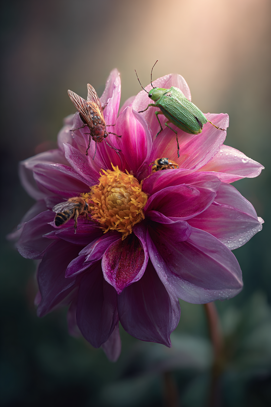Grosse Pinke Blume Mit Insekten Und Regentropfen Am Morgen | Insekten und Amphibien | Tiere