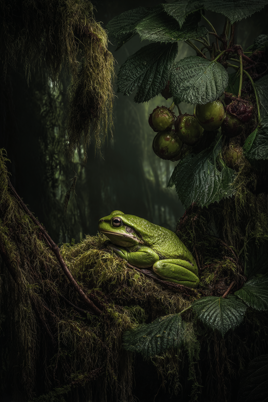 Grüner Frosch Auf Moosbedecktem Zweig Im Dunklen Wald | Insekten und Amphibien | Tiere