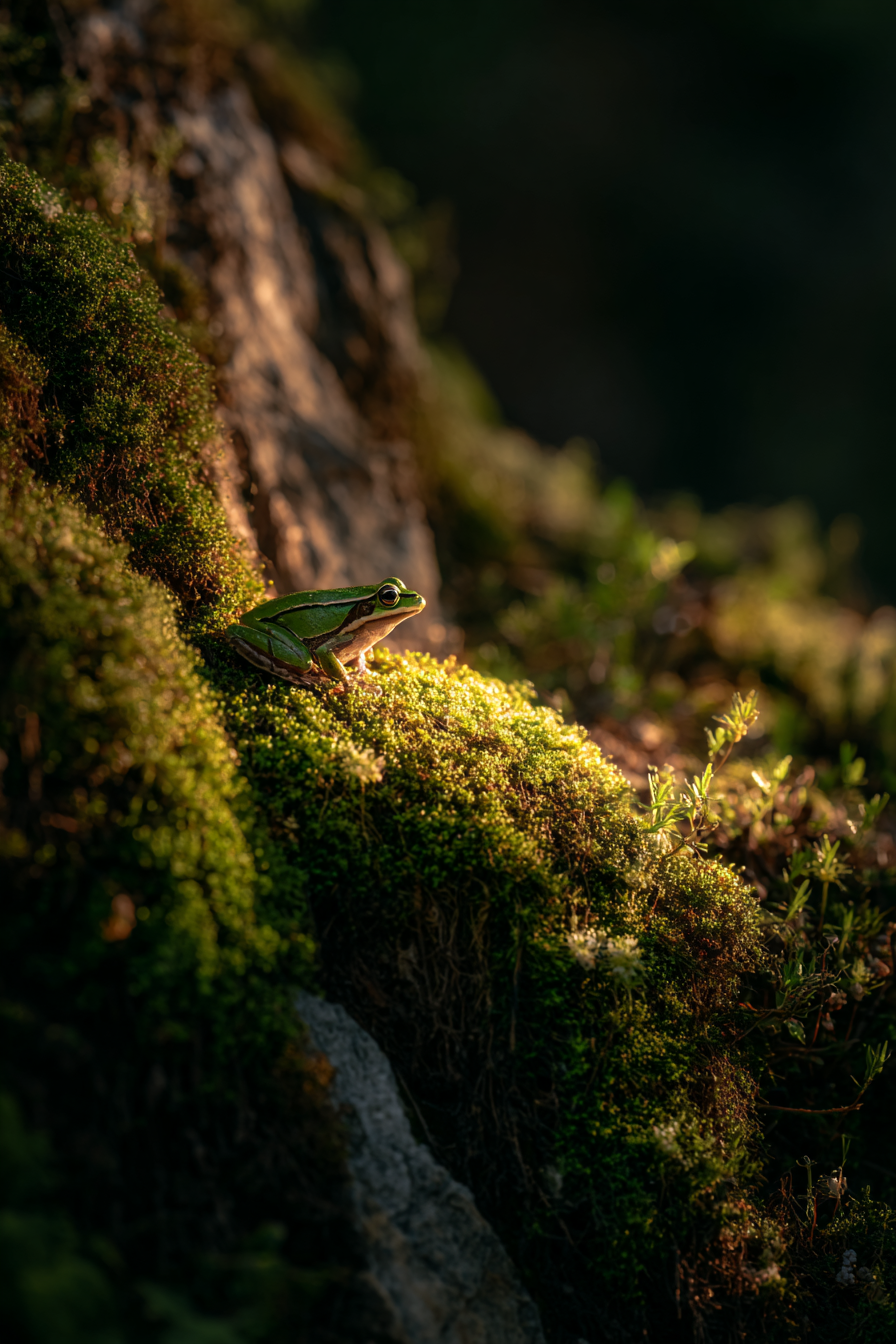 Grüner Frosch Auf Moosiger Oberfläche Im Natürlichen Licht | Insekten und Amphibien | Tiere