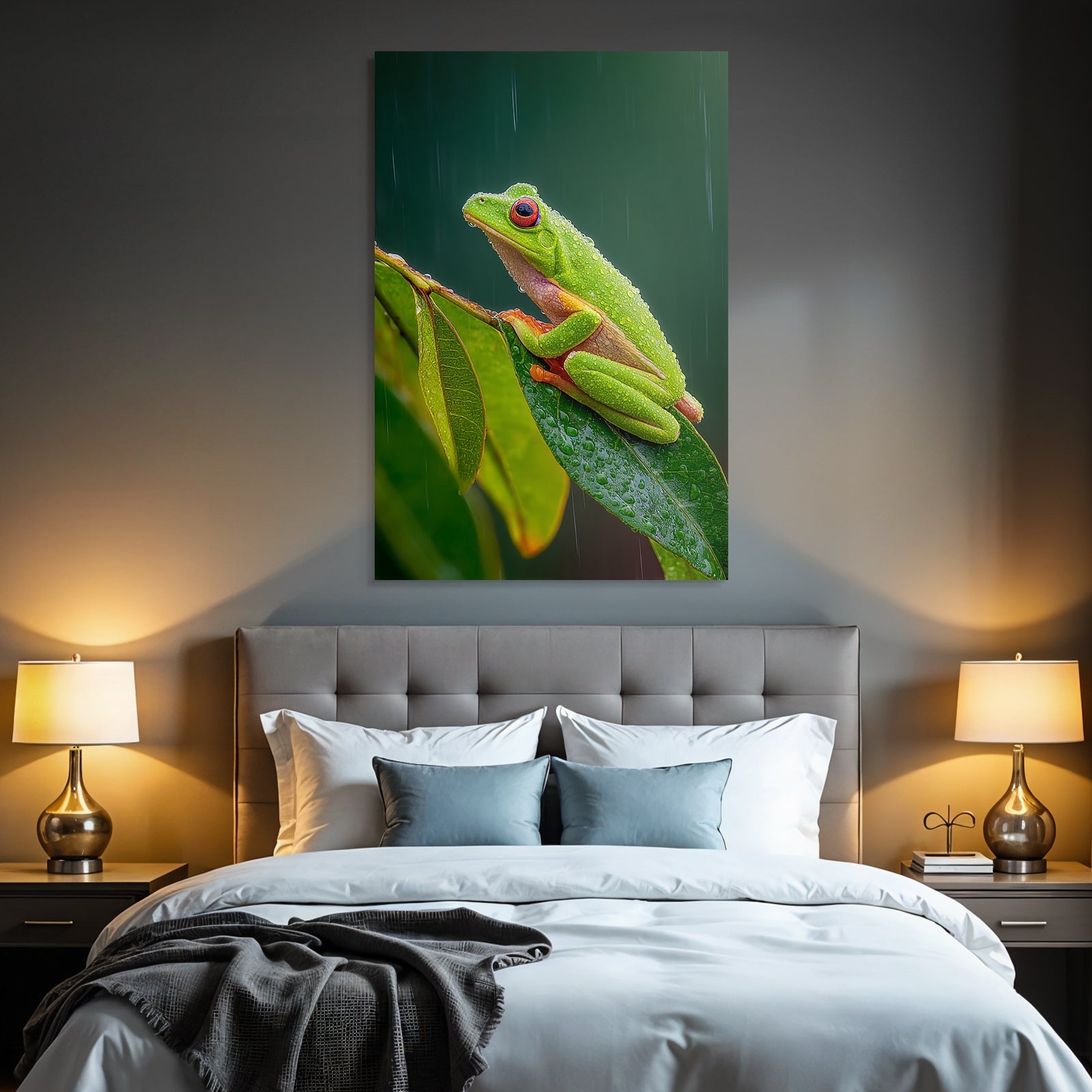Grüner Frosch Mit Roten Augen Und Regentropfen Auf Blatt