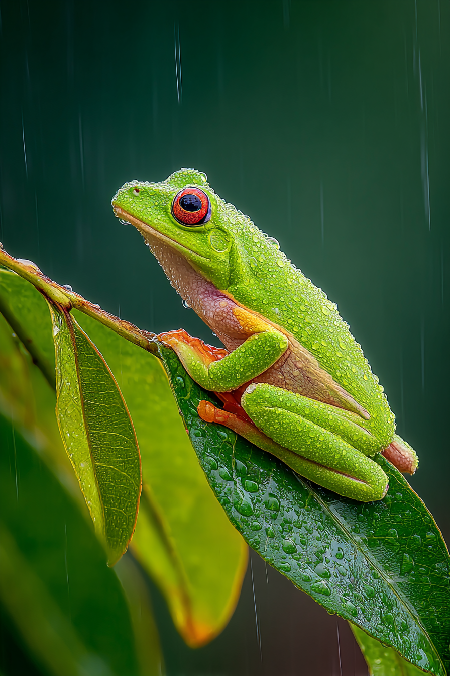 Grüner Frosch Mit Roten Augen Und Regentropfen Auf Blatt | Insekten und Amphibien | Tiere