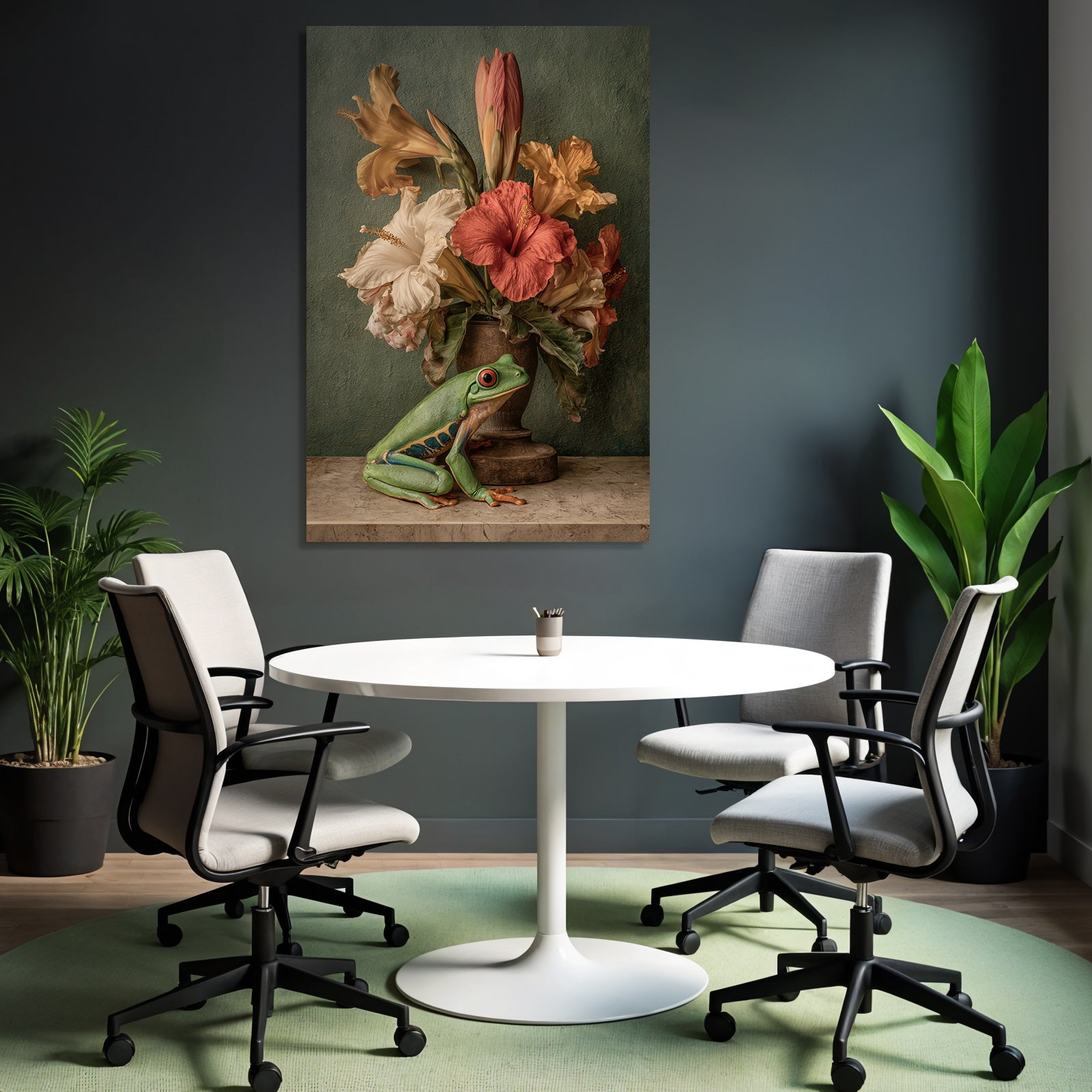 Grüner Frosch Neben Vase Der Bunten Blumen Mit Hibiskus Und Texturiertem Hintergrund