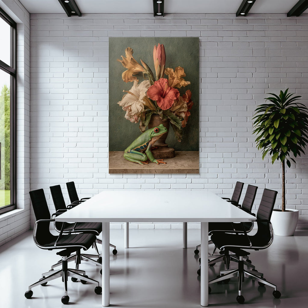 Grüner Frosch Neben Vase Der Bunten Blumen Mit Hibiskus Und Texturiertem Hintergrund