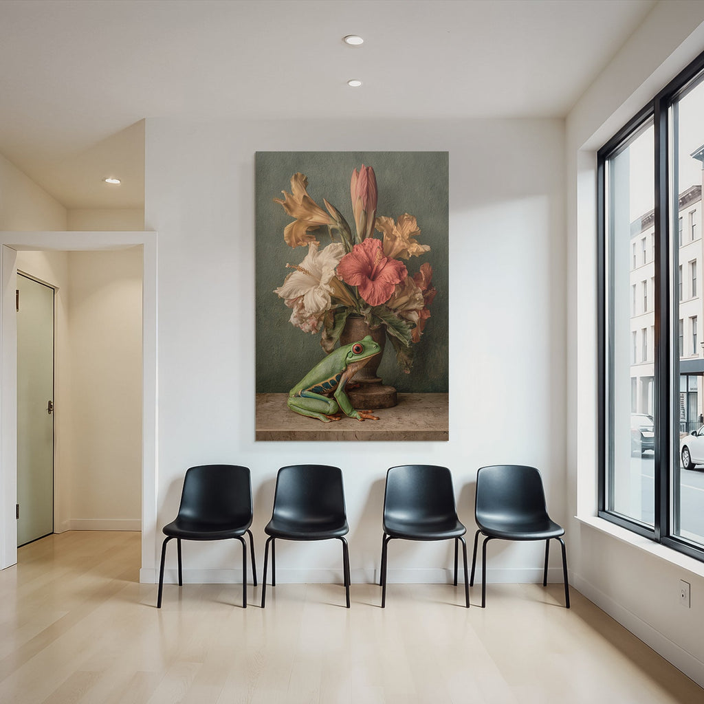 Grüner Frosch Neben Vase Der Bunten Blumen Mit Hibiskus Und Texturiertem Hintergrund
