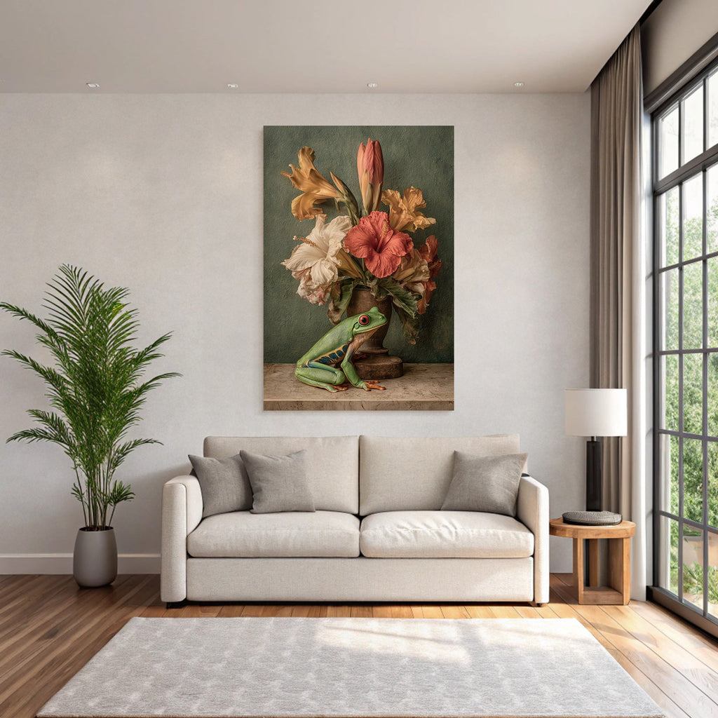 Grüner Frosch Neben Vase Der Bunten Blumen Mit Hibiskus Und Texturiertem Hintergrund