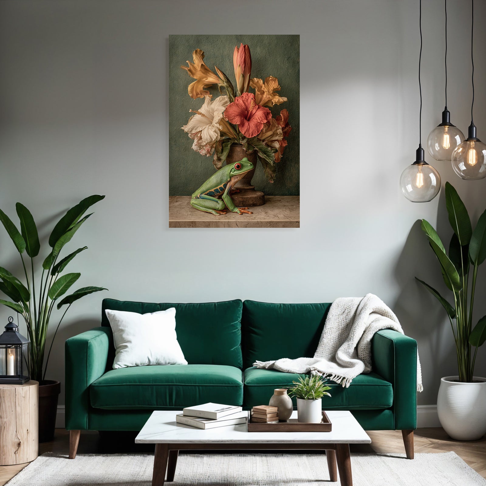 Grüner Frosch Neben Vase Der Bunten Blumen Mit Hibiskus Und Texturiertem Hintergrund