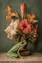 Grüner Frosch Neben Vase Der Bunten Blumen Mit Hibiskus Und Texturiertem Hintergrund | Insekten und Amphibien | Tiere