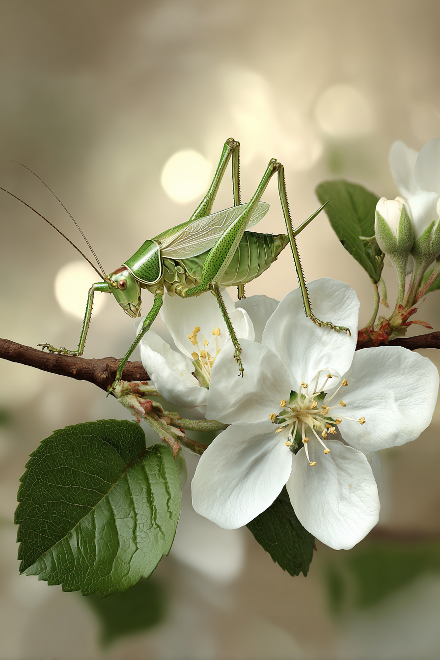 Grüner Heuschrecke Auf Einem Zweig Mit Weissen Blüten Und Blättern | Insekten und Amphibien | Tiere