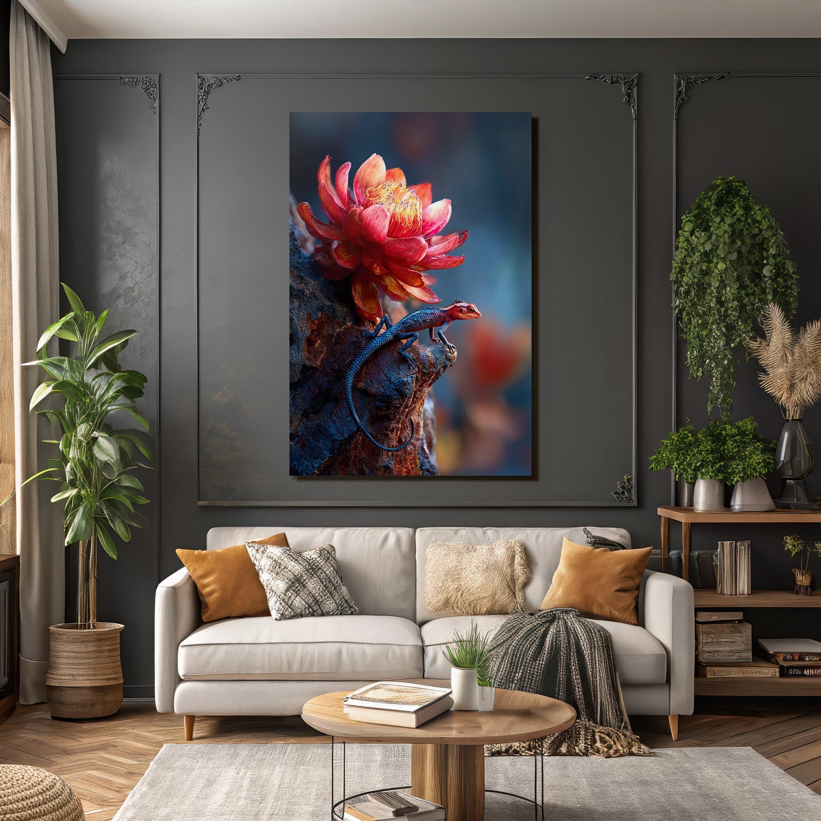 Lebendige Bunte Blume Und Auffallende Eidechse