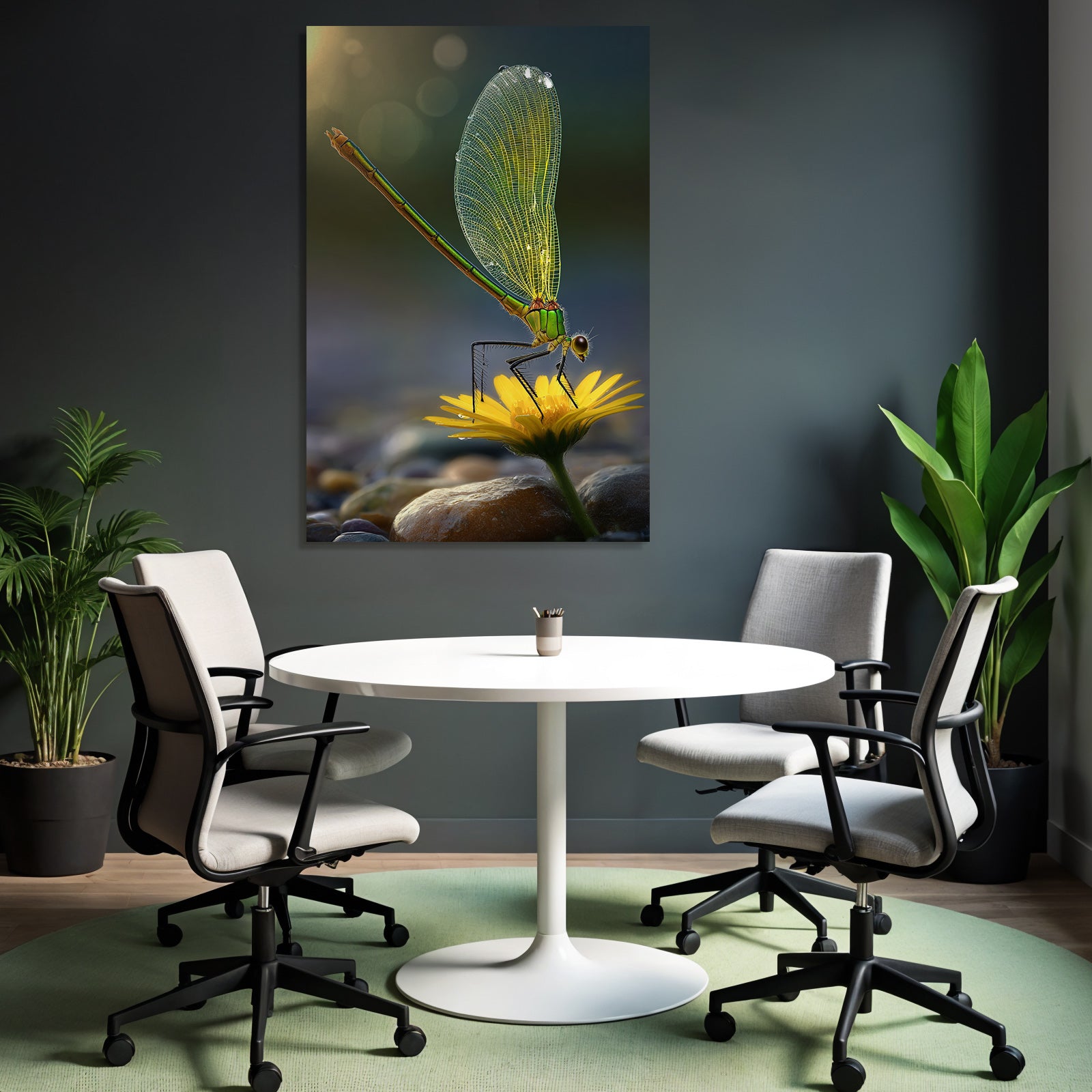 Libelle Auf Gelber Blume Mit Wassertropfen Und Steinen