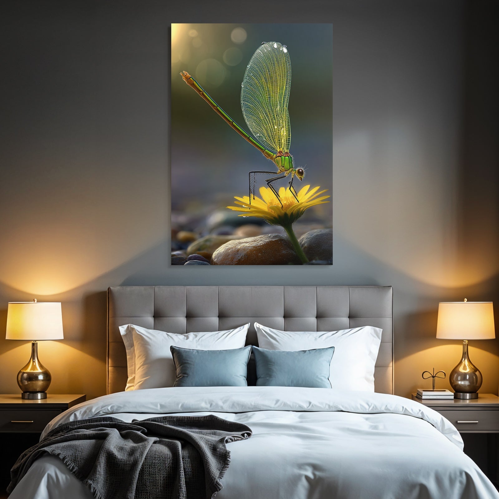 Libelle Auf Gelber Blume Mit Wassertropfen Und Steinen
