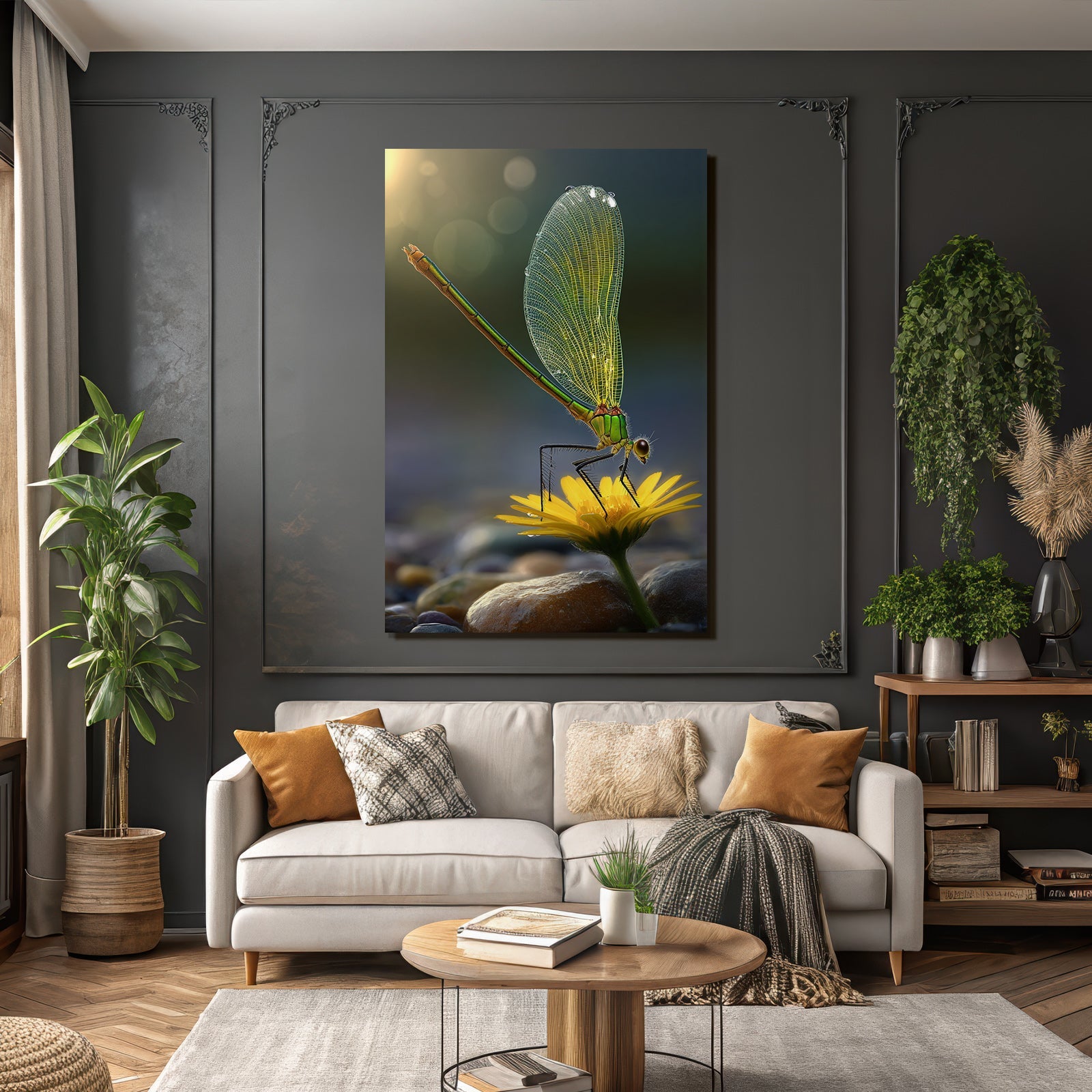Libelle Auf Gelber Blume Mit Wassertropfen Und Steinen