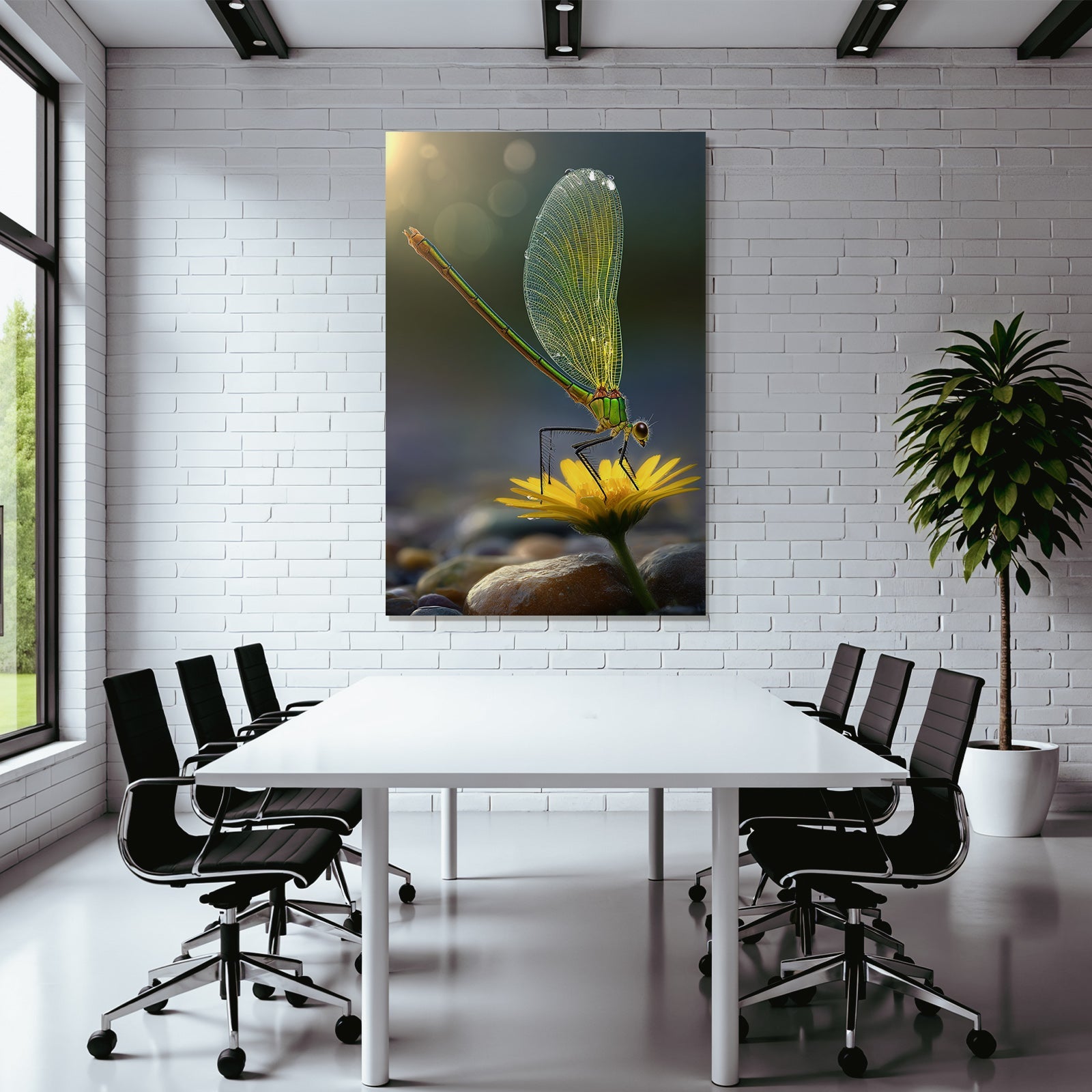 Libelle Auf Gelber Blume Mit Wassertropfen Und Steinen