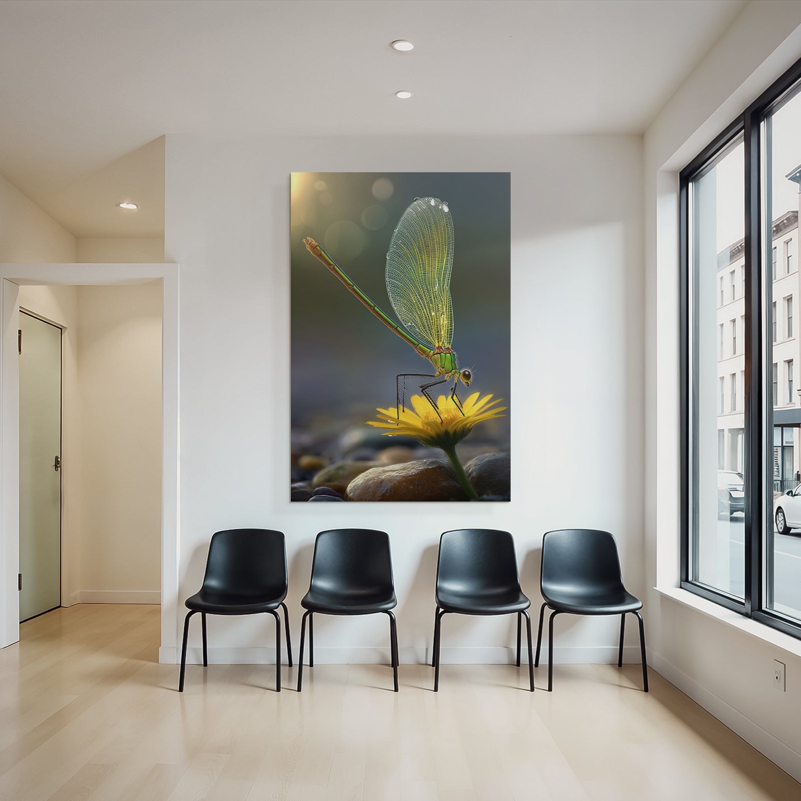 Libelle Auf Gelber Blume Mit Wassertropfen Und Steinen