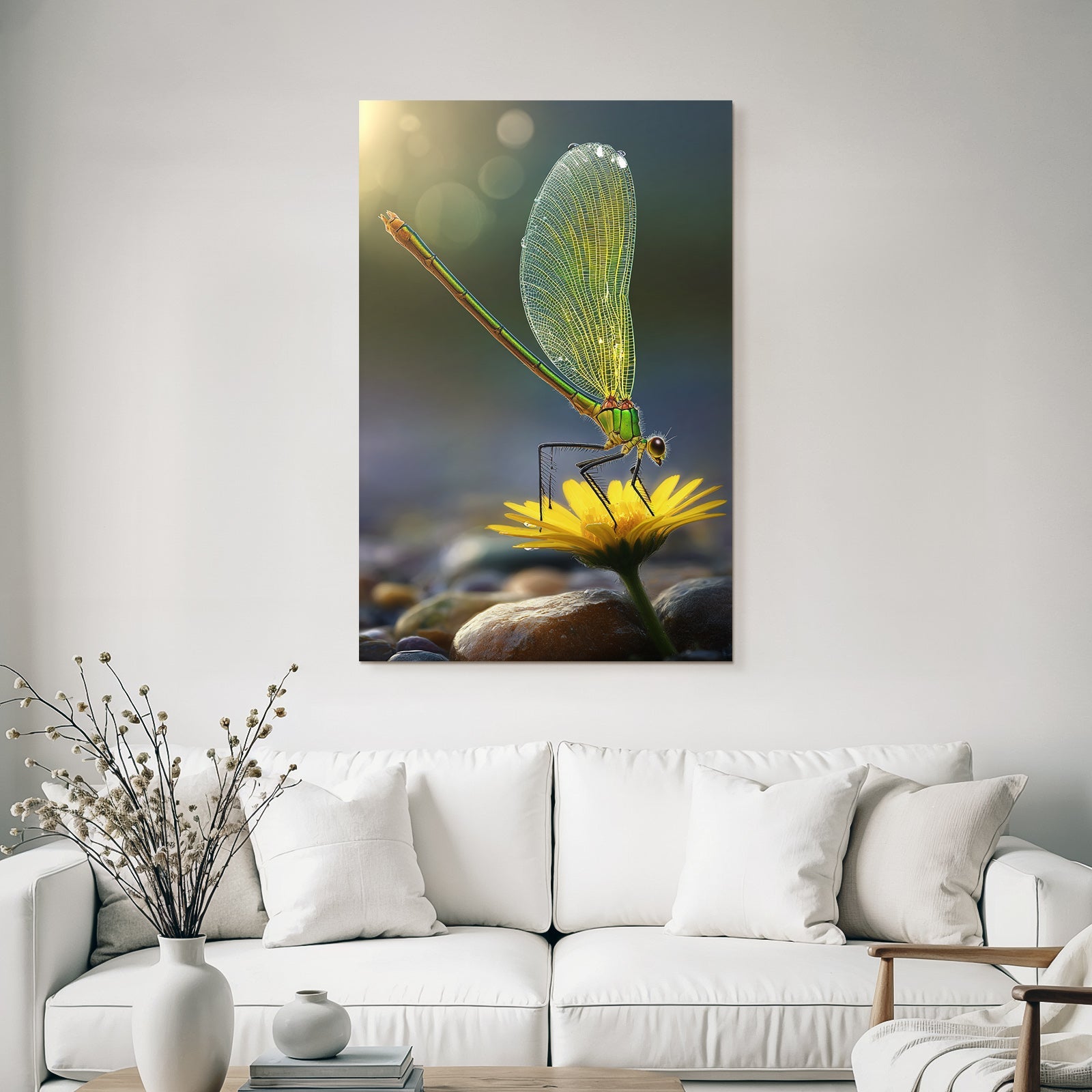 Libelle Auf Gelber Blume Mit Wassertropfen Und Steinen
