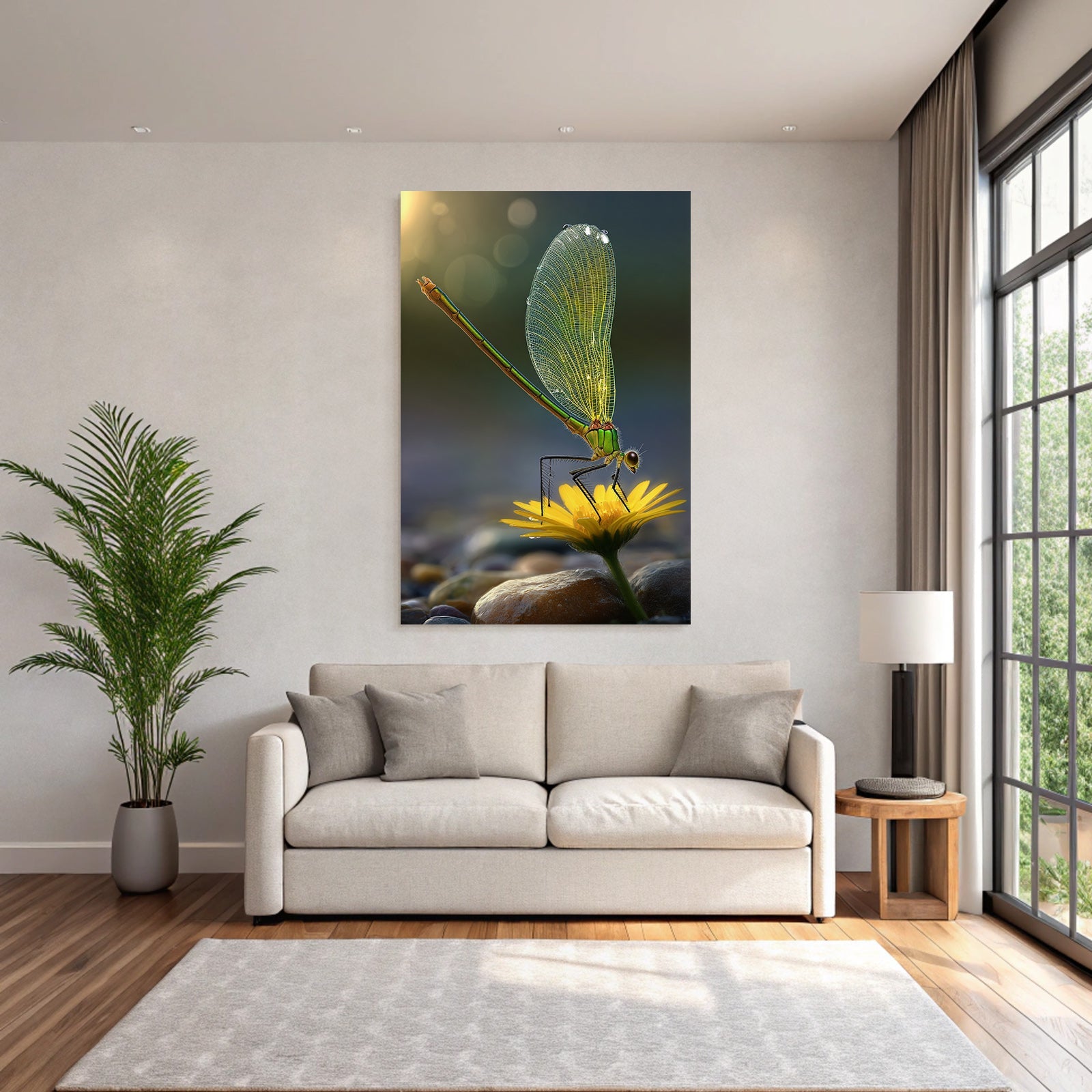 Libelle Auf Gelber Blume Mit Wassertropfen Und Steinen