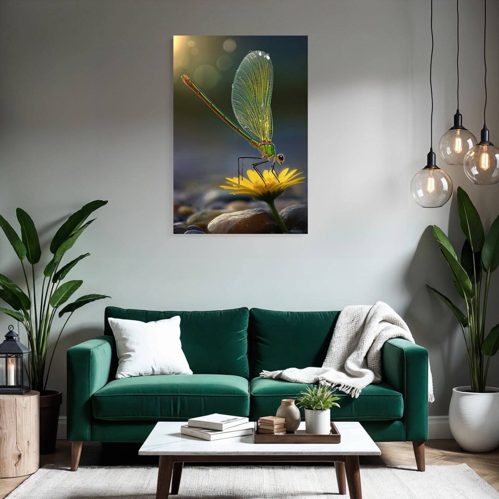 Libelle Auf Gelber Blume Mit Wassertropfen Und Steinen