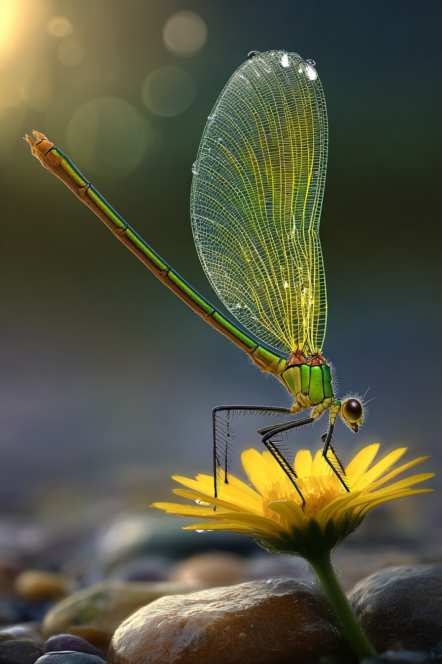 Libelle Auf Gelber Blume Mit Wassertropfen Und Steinen | Insekten und Amphibien | Tiere