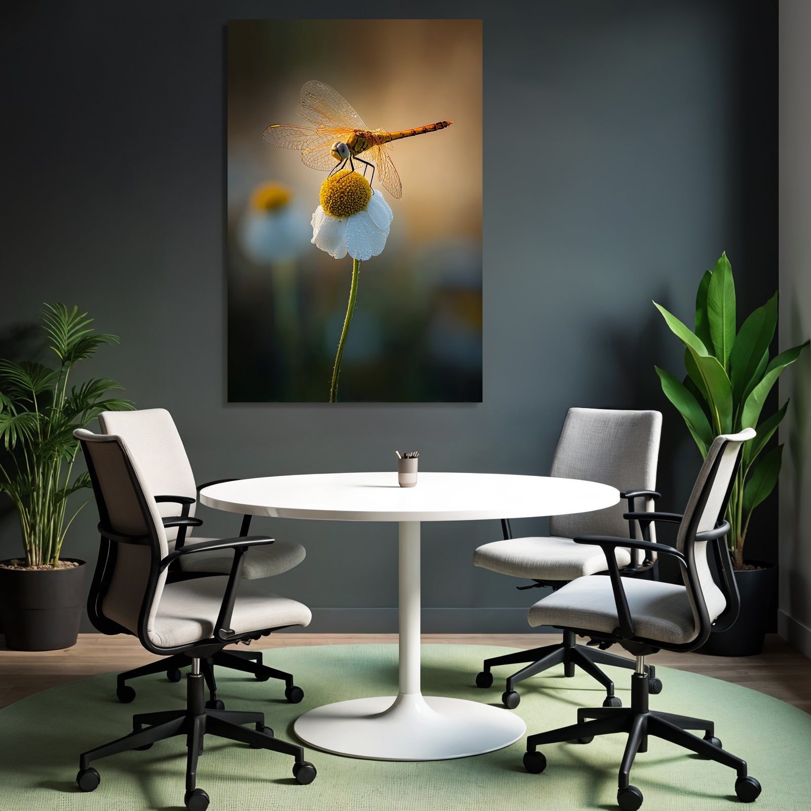 Libelle Auf Weisser Blume Mit Gelben Blütenkern Und Tropfen