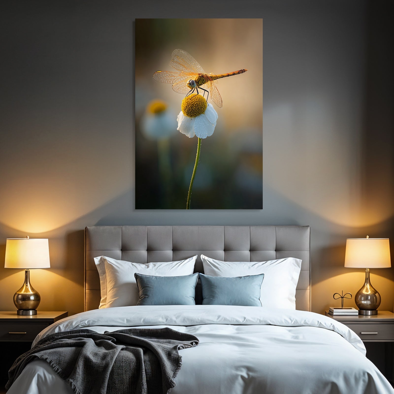 Libelle Auf Weisser Blume Mit Gelben Blütenkern Und Tropfen