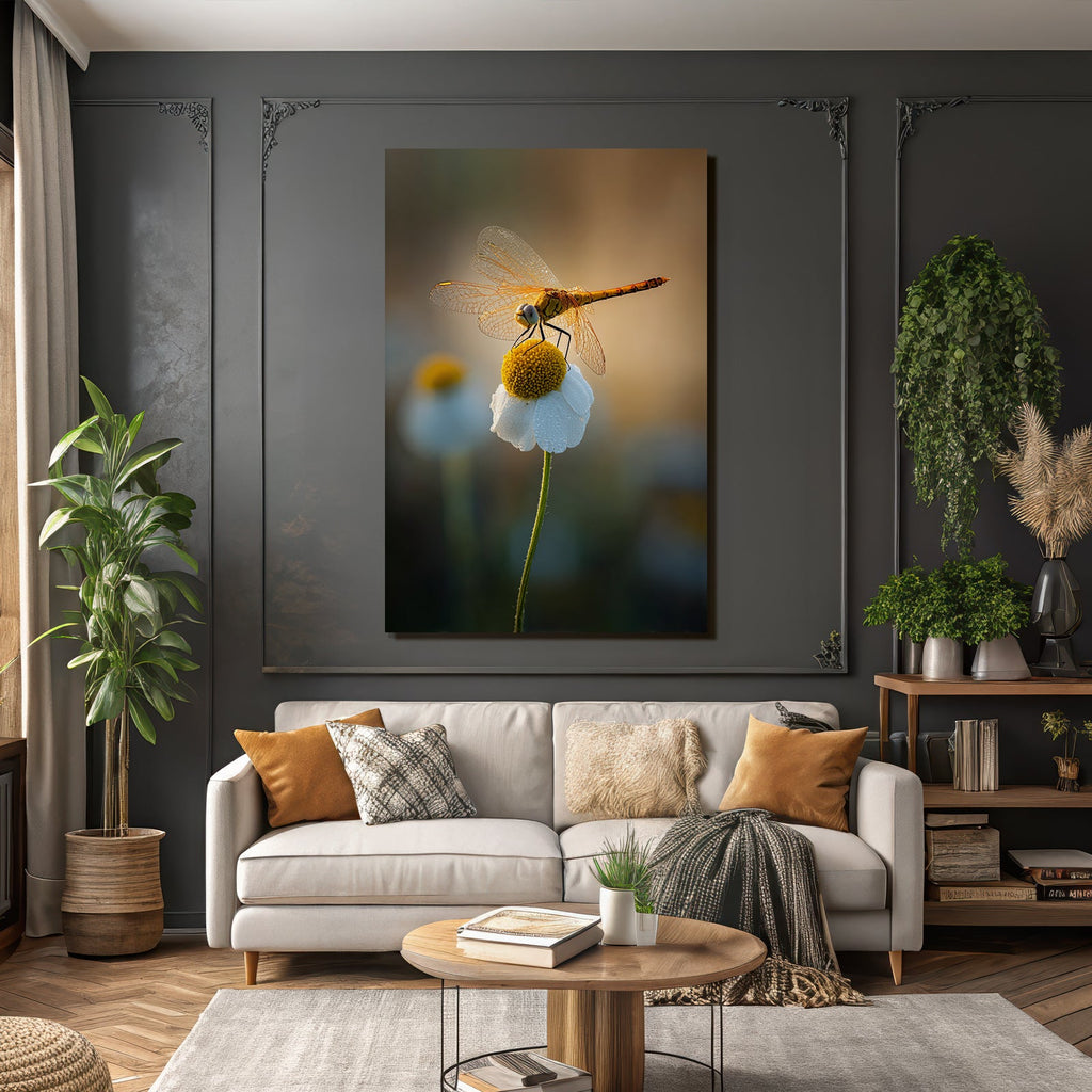 Libelle Auf Weisser Blume Mit Gelben Blütenkern Und Tropfen