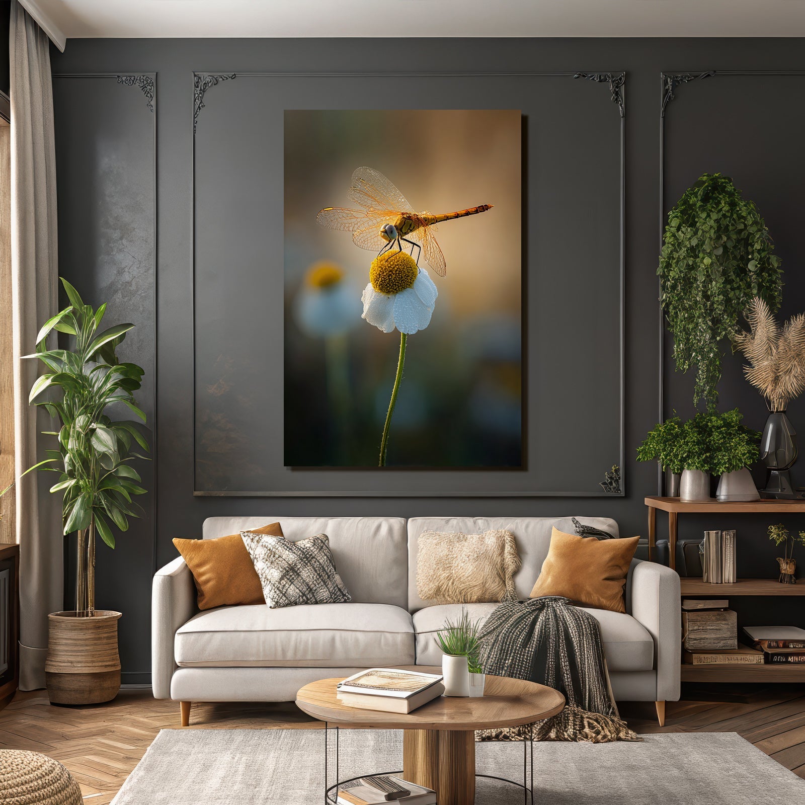 Libelle Auf Weisser Blume Mit Gelben Blütenkern Und Tropfen