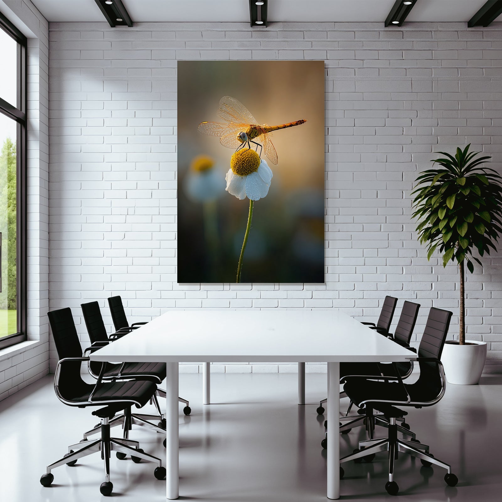 Libelle Auf Weisser Blume Mit Gelben Blütenkern Und Tropfen